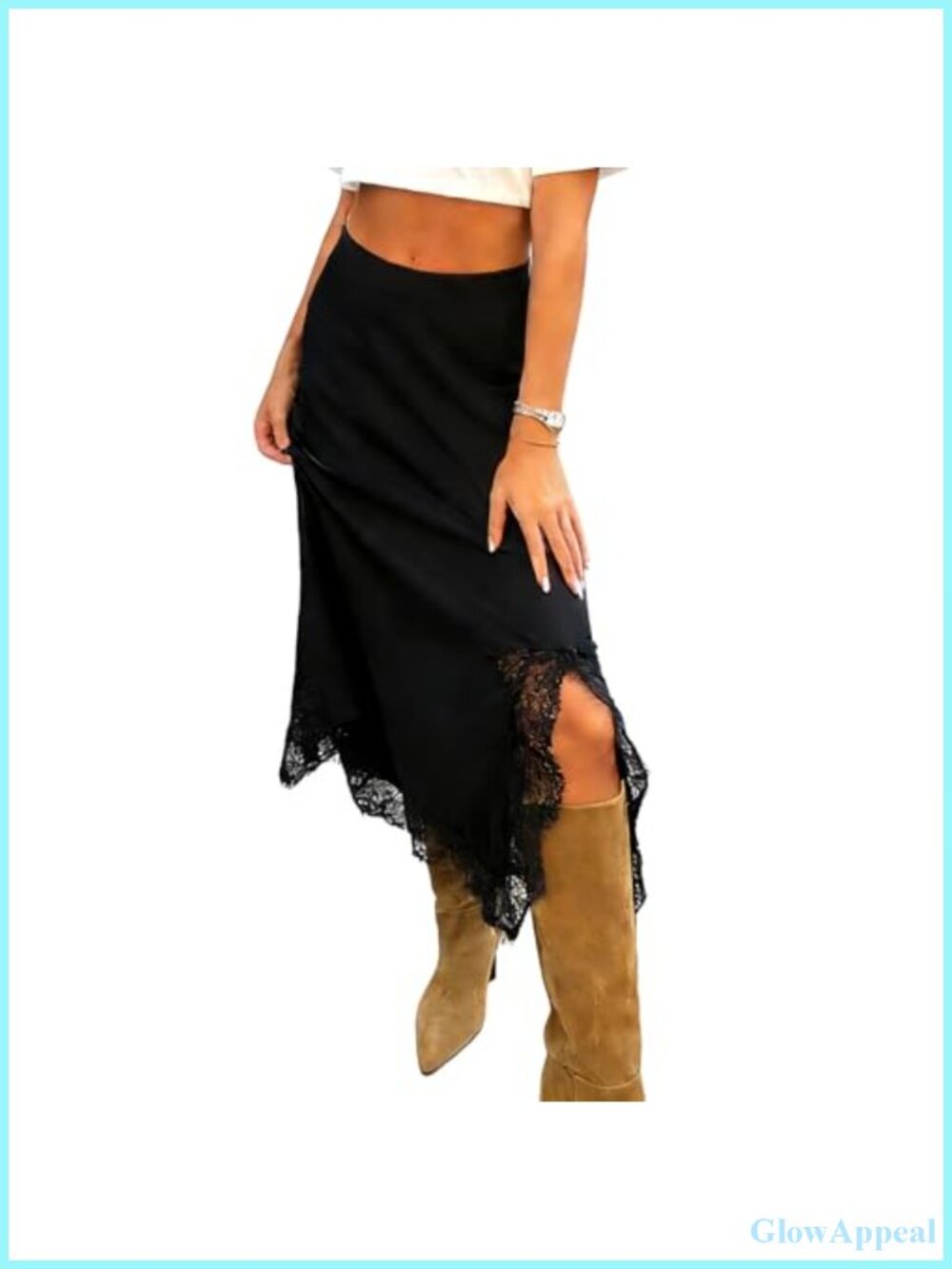 Satin Midi Skirt High Waisted Side Split Asymmetric Lace Patchwork